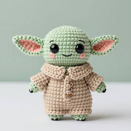 Photograph of a pastel green, crocheted Yoda figurine with black eyes, pink cheeks, and a beige, buttoned coat,