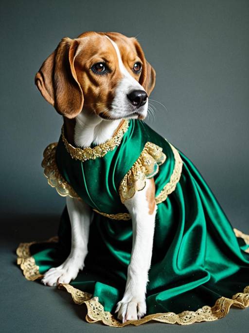 Beagle in Emerald Green Dress