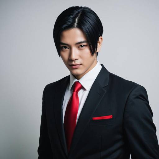 Young Asian Man in Black Suit and Red Tie