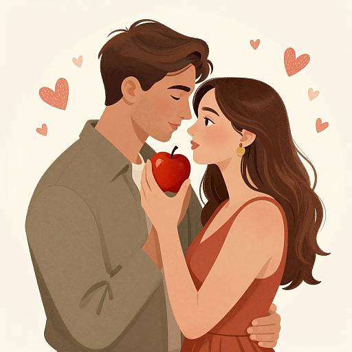 Digital illustration of a brown-haired couple, man in green shirt, woman in red dress, sharing a red apple, surrounded by pink hearts.