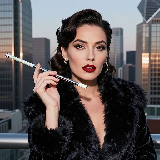 Photograph-style digital artwork of a glamorous woman with dark hair, red lipstick, hoop earrings, black fur coat, holding a cigarette, against a city
