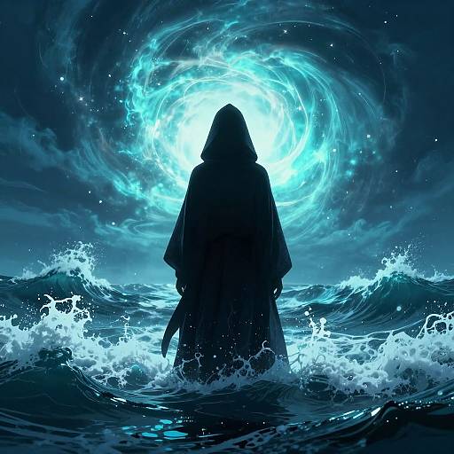 Silhouetted hooded figure standing in turbulent ocean, facing glowing, swirling blue vortex in night sky, digital art, fantasy style.