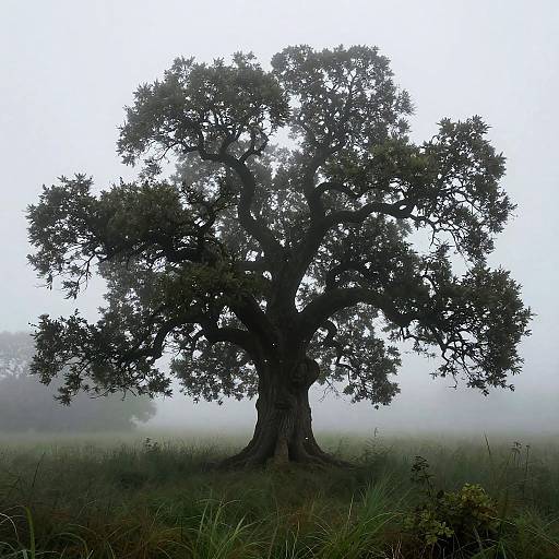 Mystical Sycamore in Foggy Meadow