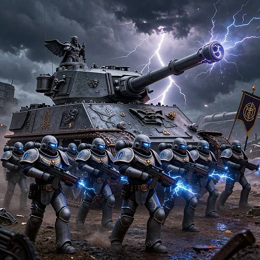 Digital artwork: Storming futuristic armored soldiers with glowing blue electricity firing from guns, advancing on a lightning-struck, thunderous tank under dark, storm