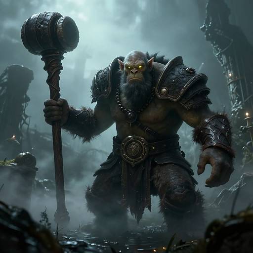 CGI fantasy image of a muscular, bald, orc warrior with glowing yellow eyes, holding a massive hammer, in a dark, foggy, industrial