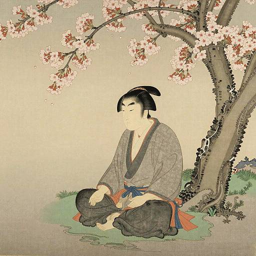 Serene Samurai Beneath Cherry Blossoms