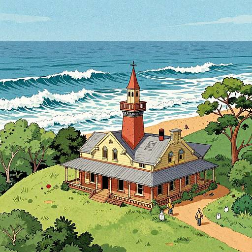 Colorful illustration of a historic beachside church with a red tower, surrounded by greenery, waves crashing in the background, and people walking.