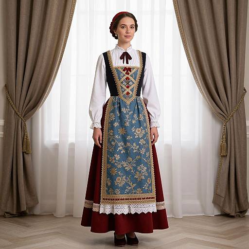 Photograph of a young woman in traditional German dirndl with blue floral apron, white blouse, and red skirt, standing before white curtains and brown