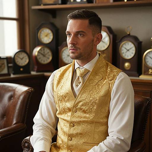 Photograph of a handsome, dark-haired man in a golden, intricately patterned vest and white shirt, seated in a vintage study with antique clocks