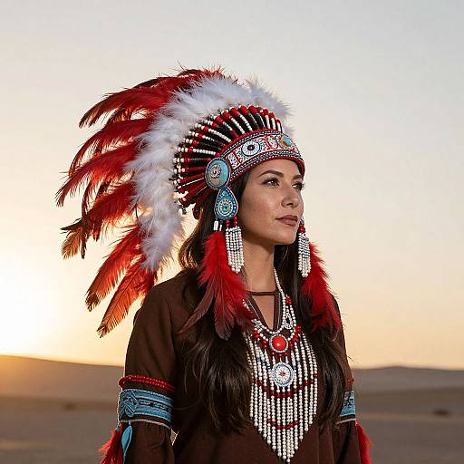 Photograph of a Native American woman in traditional regalia, wearing a red and white feathered headdress, intricate jewelry, and brown dress, against