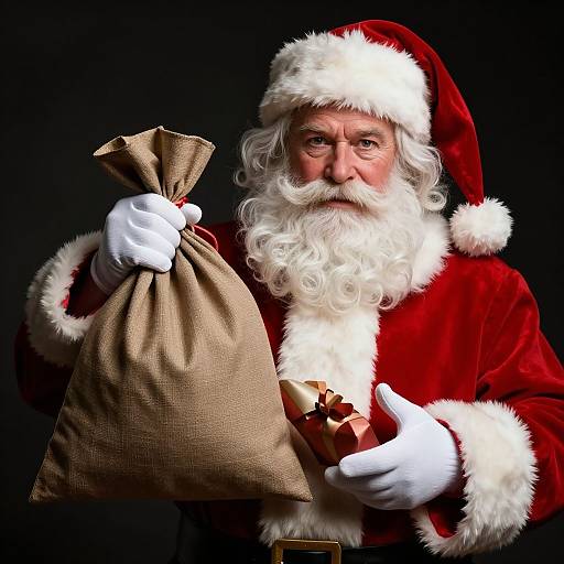 Photograph of a traditional Santa Claus with a white beard, red suit, white fur trim, holding a brown sack against a black background.