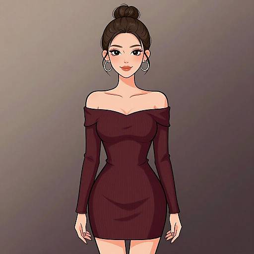 Digital anime-style drawing of a fair-skinned woman with black hair in a bun, wearing a form-fitting, off-shoulder, dark purple