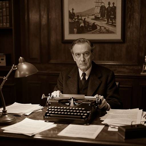 Sepia-toned photograph of an older white man with receding hair, in a dark suit, typing on an antique typewriter in a dimly