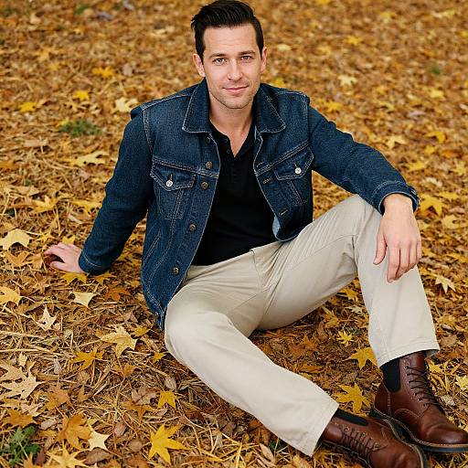 Photograph of a handsome man with short dark hair, wearing a denim jacket, black shirt, beige pants, and brown boots, sitting on a ground