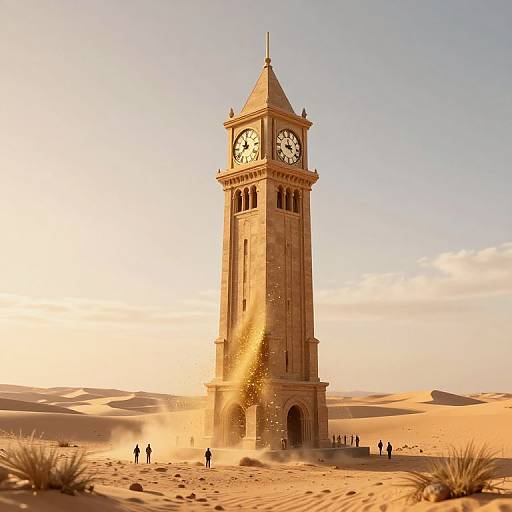 Surreal Clock Tower in Golden Desert