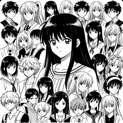 Black and white digital illustration of a diverse group of anime-style schoolgirls with varying hair lengths and expressions, closely packed together, creating a dense, crowded