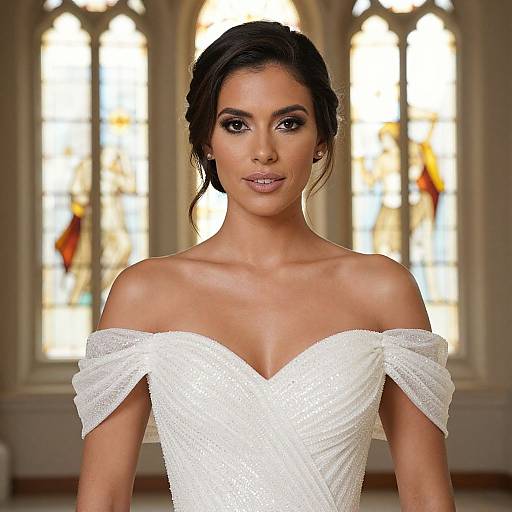 Photograph of a beautiful woman with dark hair in an updo, wearing an off-shoulder white textured wedding dress, standing in front of a