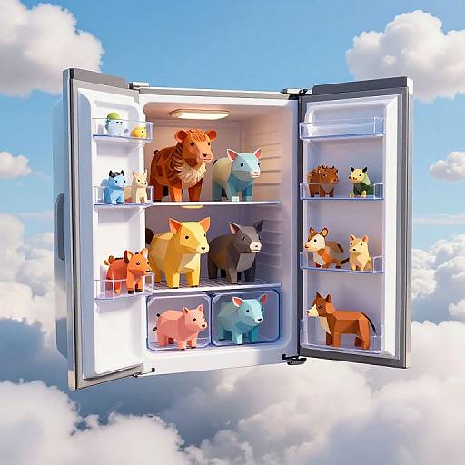 Digital illustration of an open, floating refrigerator in a cloudy sky, filled with colorful, cartoon-style plush animals on white shelves.