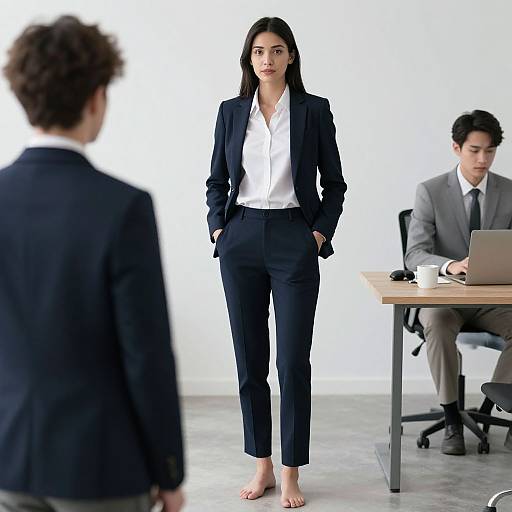 Photograph of a serious-looking woman in a black suit and white shirt standing barefoot in a modern office, with two men in suits seated and standing