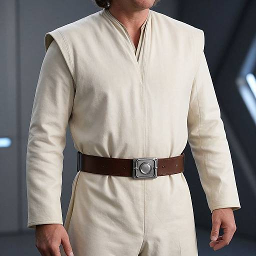 Photograph of a man in a white, long-sleeved Jedi robe with a brown belt and silver buckle, partially visible face, standing in a