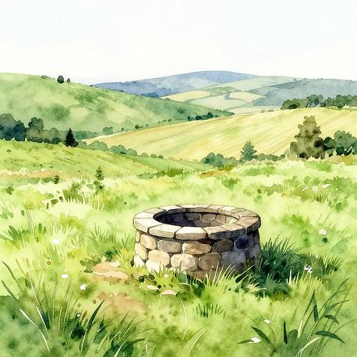 Watercolor Landscape with Stone Well