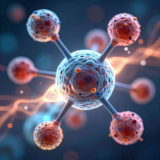 Digital CGI image of a molecular structure with glowing blue and red spheres connected by transparent rods, set against a blurred dark blue background.