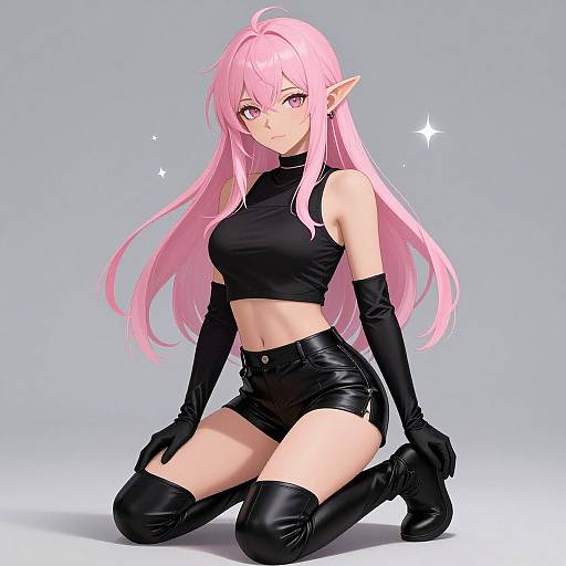 Digital anime-style drawing of a pink-haired elf woman kneeling, wearing a black crop top, high-waisted shorts, gloves, and thigh-high boots