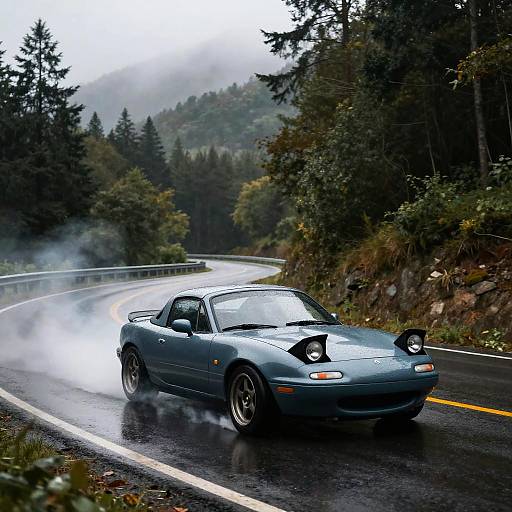 Photograph of a blue, retro sports car with black air intakes, speeding on a wet, winding forest road, surrounded by misty, dense