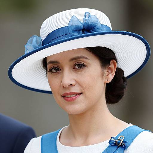 Photograph of a smiling woman with fair skin, dark hair, wearing a white hat with blue ribbon and bow, and blue dress.