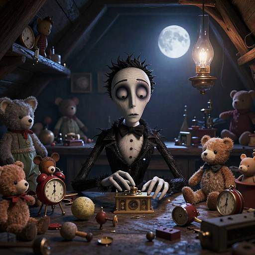Melancholic Toymaker in Whimsical Attic