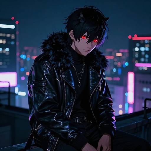 Anime-style digital art of a dark-haired man with glowing red eyes, wearing a black leather jacket with a fur collar, against a neon-lit city