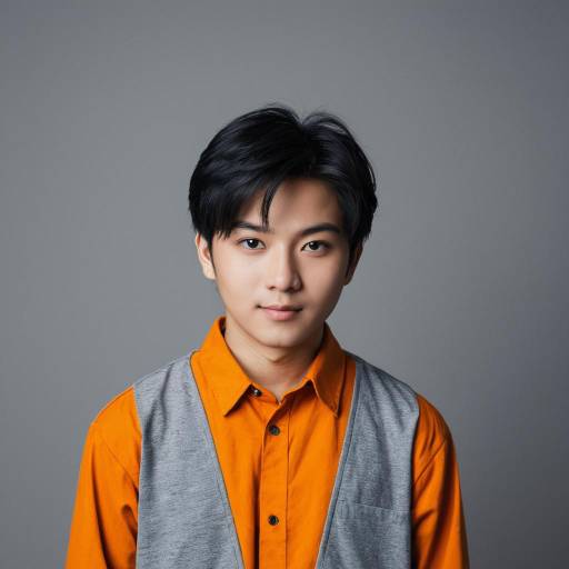 Young Asian Man in Orange Shirt and Grey Vest