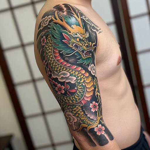 Photograph of a shirtless man with a colorful, detailed dragon tattoo on his right upper arm, featuring vibrant greens, oranges, and reds,