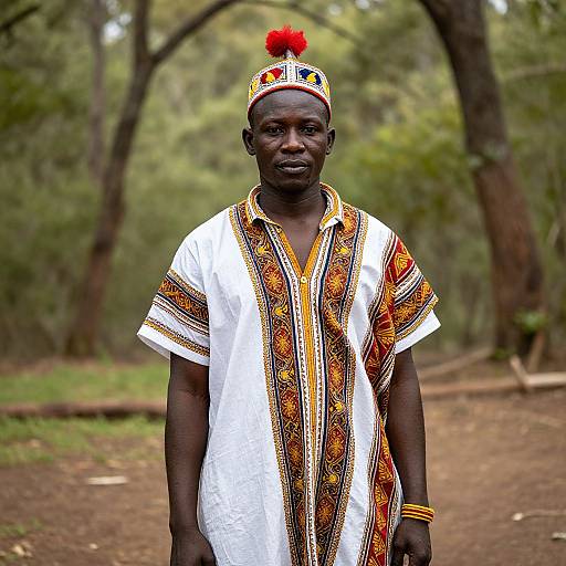 Photograph of a Black African man standing in a forest, wearing a white dress with colorful, intricate patterns and a red-topped headpiece.