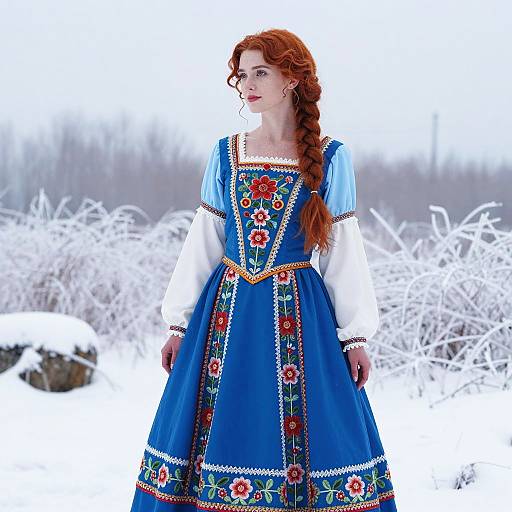 Woman in Blue Floral Embroidered Costume in Snow