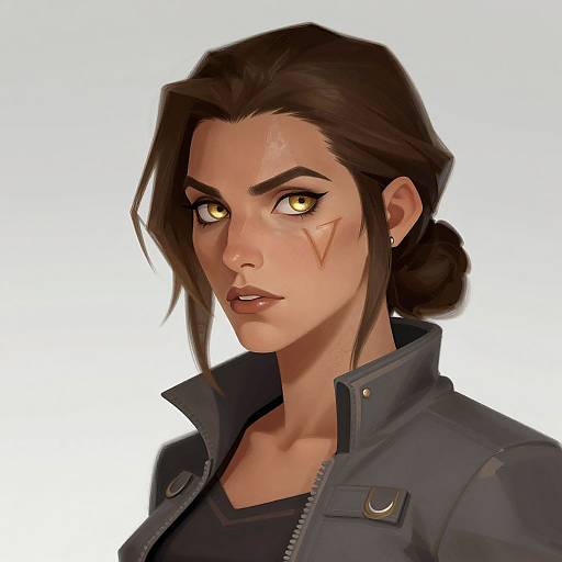 Digital artwork of a serious, brown-eyed woman with dark brown hair in a bun, wearing a black jacket and earrings, against a plain white background.