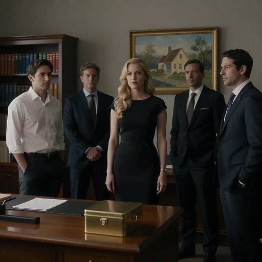 Dim Office Scene: Blonde Woman Among Men
