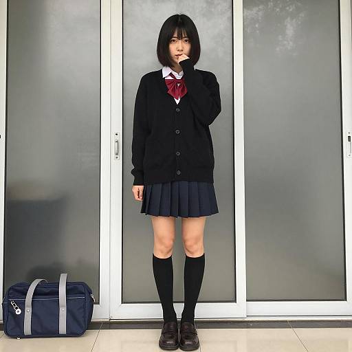 Japanese Schoolgirl in Uniform Standing Indoors