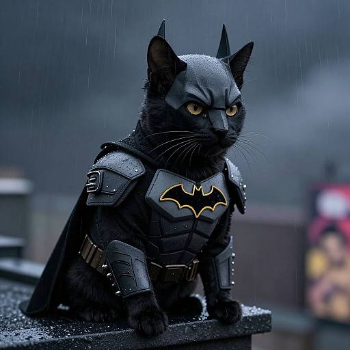 Photograph of a black cat dressed in Batman armor with a Batman emblem, sitting on a wet, rainy rooftop.