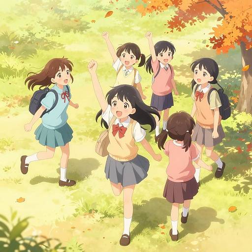 Anime-style digital drawing of six schoolgirls in uniforms, running joyfully in a sunlit autumn park with colorful leaves.
