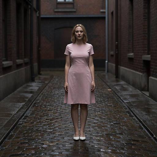 Blonde in Pink on Wet Cobblestone