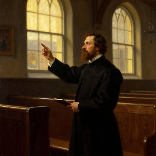 Photograph of a bearded man in a black clergy robe, standing in a dimly lit church, pointing with his right hand while holding a book