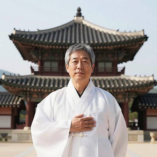 Photograph of an older Asian man with short gray hair, wearing a white traditional Korean hanbok, standing in front of a traditional Korean building with