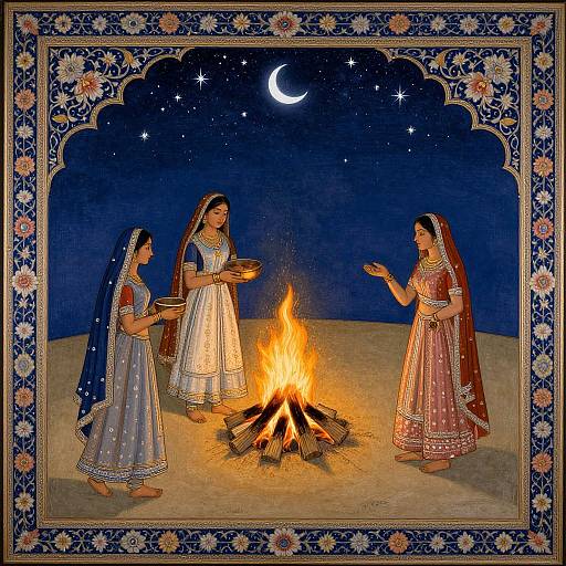 Illustration of three Indian women in traditional dresses, standing around a campfire under a starry night sky with a crescent moon, framed by a