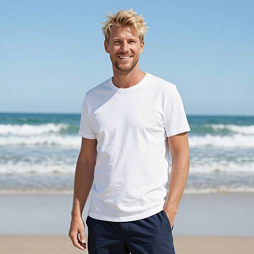 Smiling Blonde Man on Sunny Beach