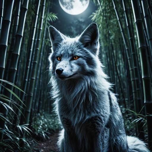 Glowing Silver Fox in Moonlit Bamboo Forest Glowing Silver Fox in Moonlit Bamboo Forest