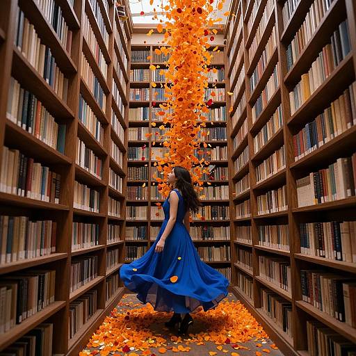 Photograph of a woman in a flowing blue dress, surrounded by floating orange leaves, standing in a narrow, book-filled library aisle.