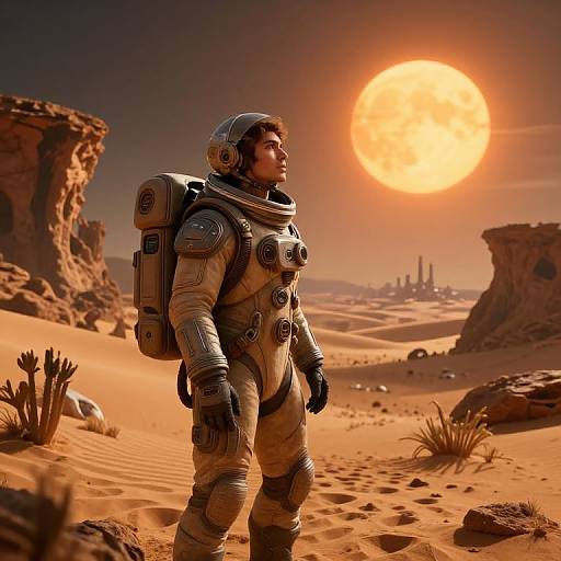 Photorealistic CGI of a male astronaut in a beige spacesuit standing in a sunlit, rocky desert with a large orange sun. Rugged landscape