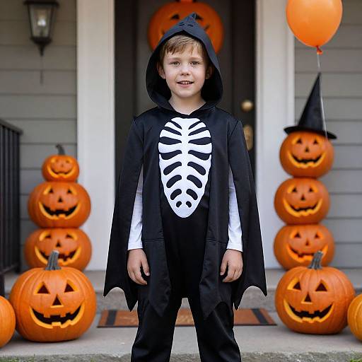 Photograph of a young boy in a black skeleton-print Halloween costume, standing on a porch with orange jack-o'-lanterns and a balloon.