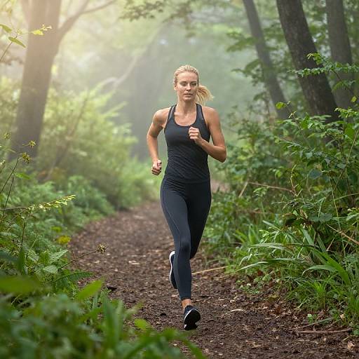Photograph of a muscular blonde woman with ponytail, wearing black sports tank and leggings, running on a forest path surrounded by lush greenery and sunlight